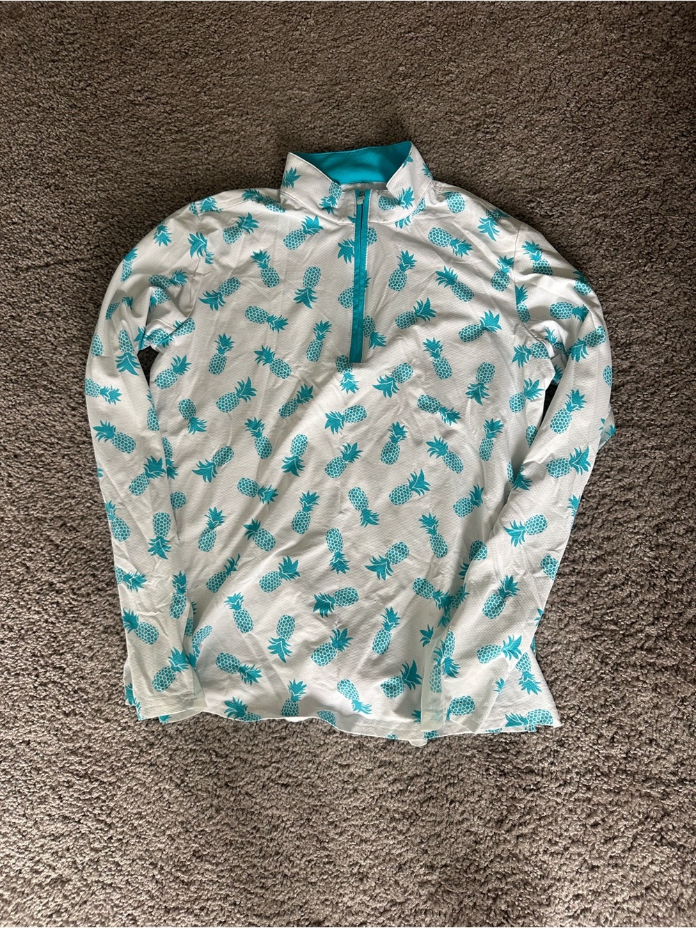 Women’s Pineapple Print Quarter-Zip Long Sleeve Top - Turquoise on White